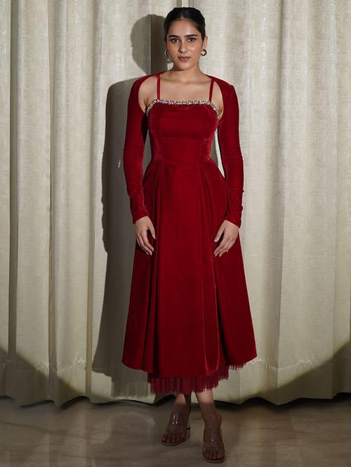 women solid shoulder strap velvet fit & flare dress - 21981826 - Standard Image - 0