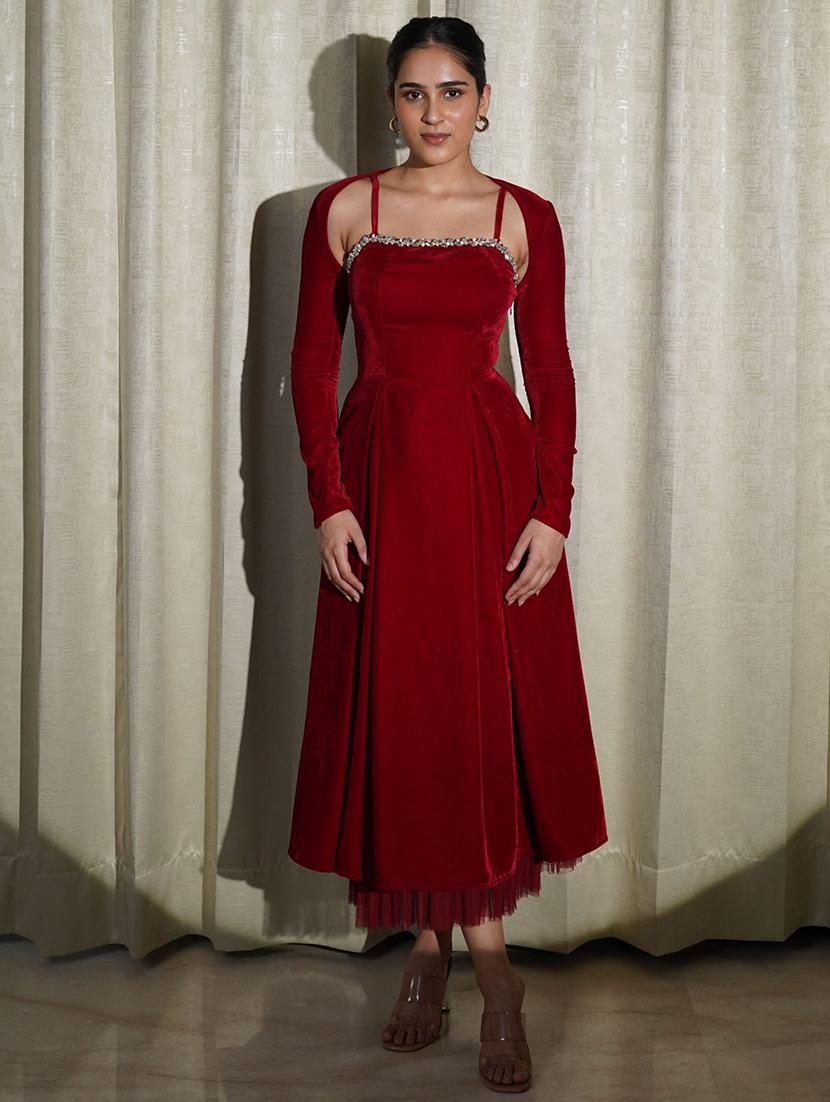 women solid shoulder strap velvet fit & flare dress - 21981826 - Zoom Image - 0