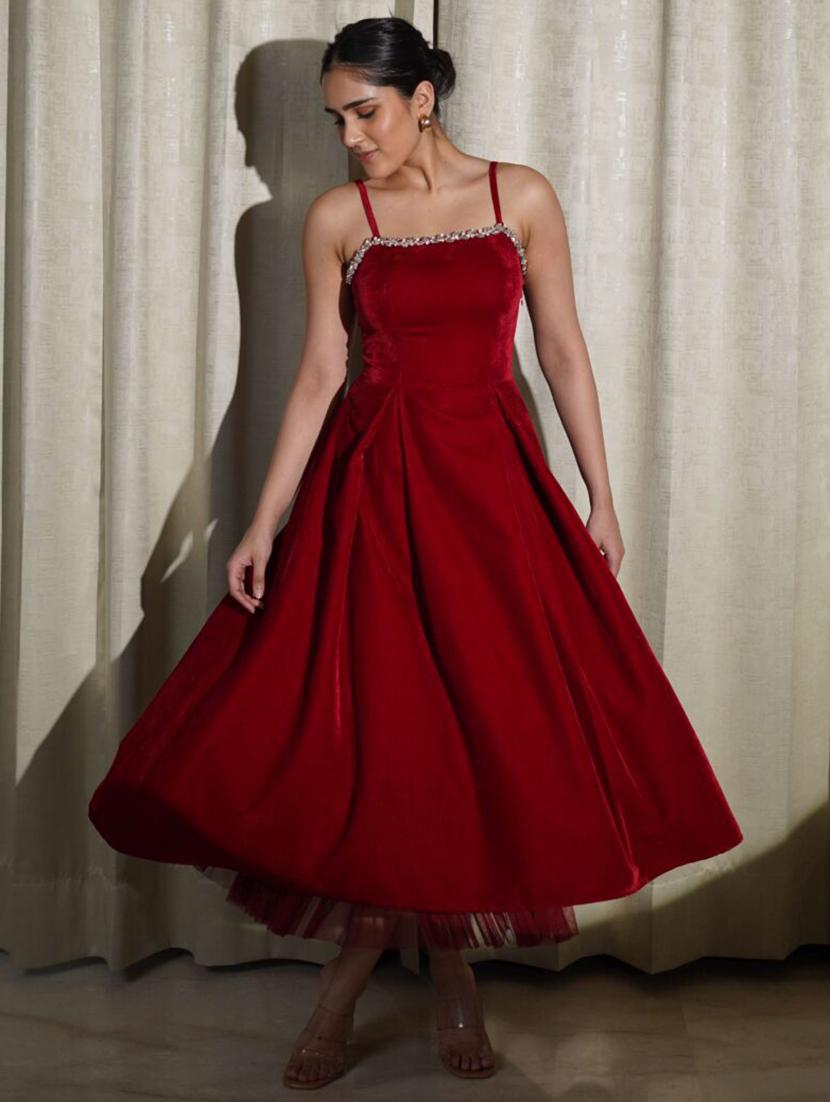 women solid shoulder strap velvet fit & flare dress - 21981826 - Standard Image - 2