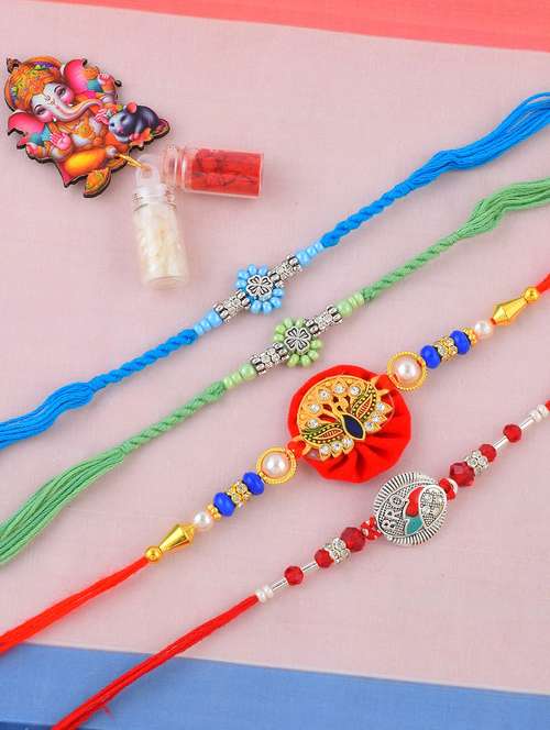 pack of 4 beaded rakhi set with roli and chawal - 21981836 - Standard Image - 0