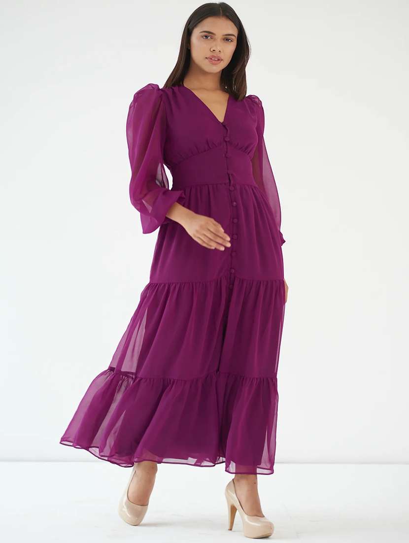women solid puff sleeve tiered maxi dress with pocket