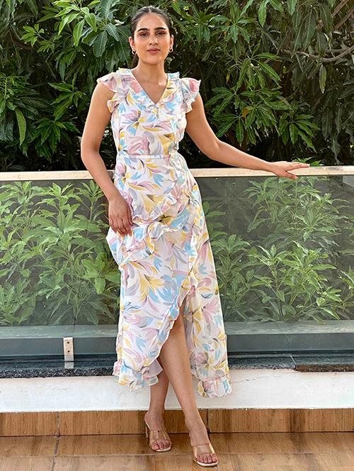 women printed sleeveless ruffle maxi dress - 21981848 - Standard Image - 0