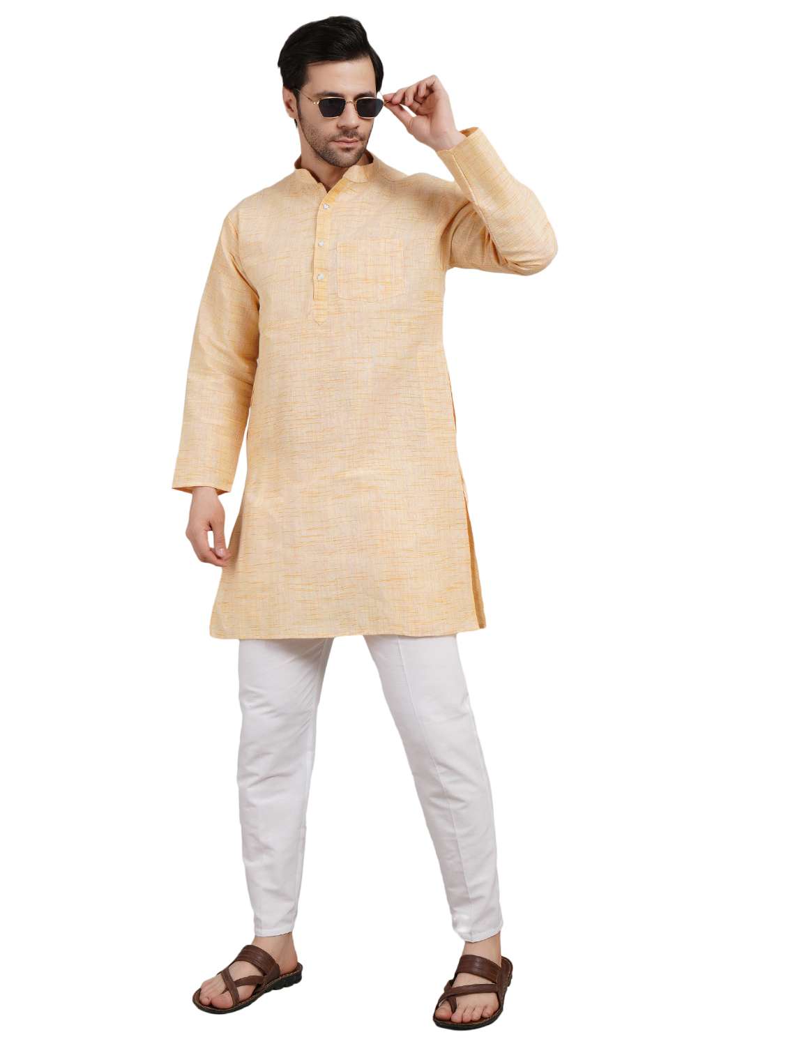 men solid mandarin neck long kurta