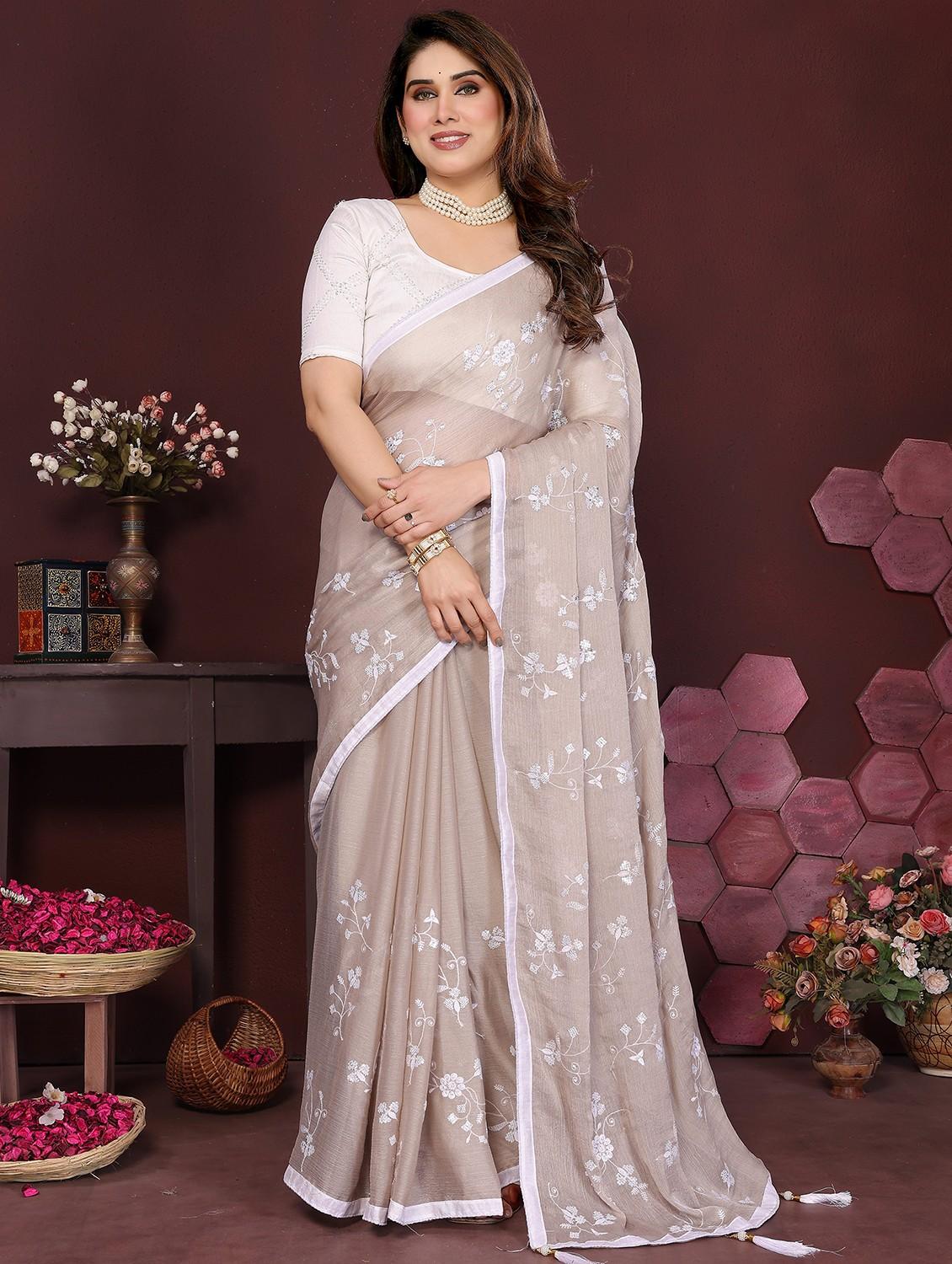 women beige embroidered saree with blouse - 21981931 -  Zoom Image - 0