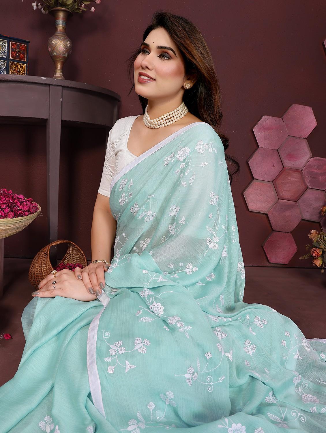 women turquoise embroidered saree with blouse - 21981932 - Standard Image - 2