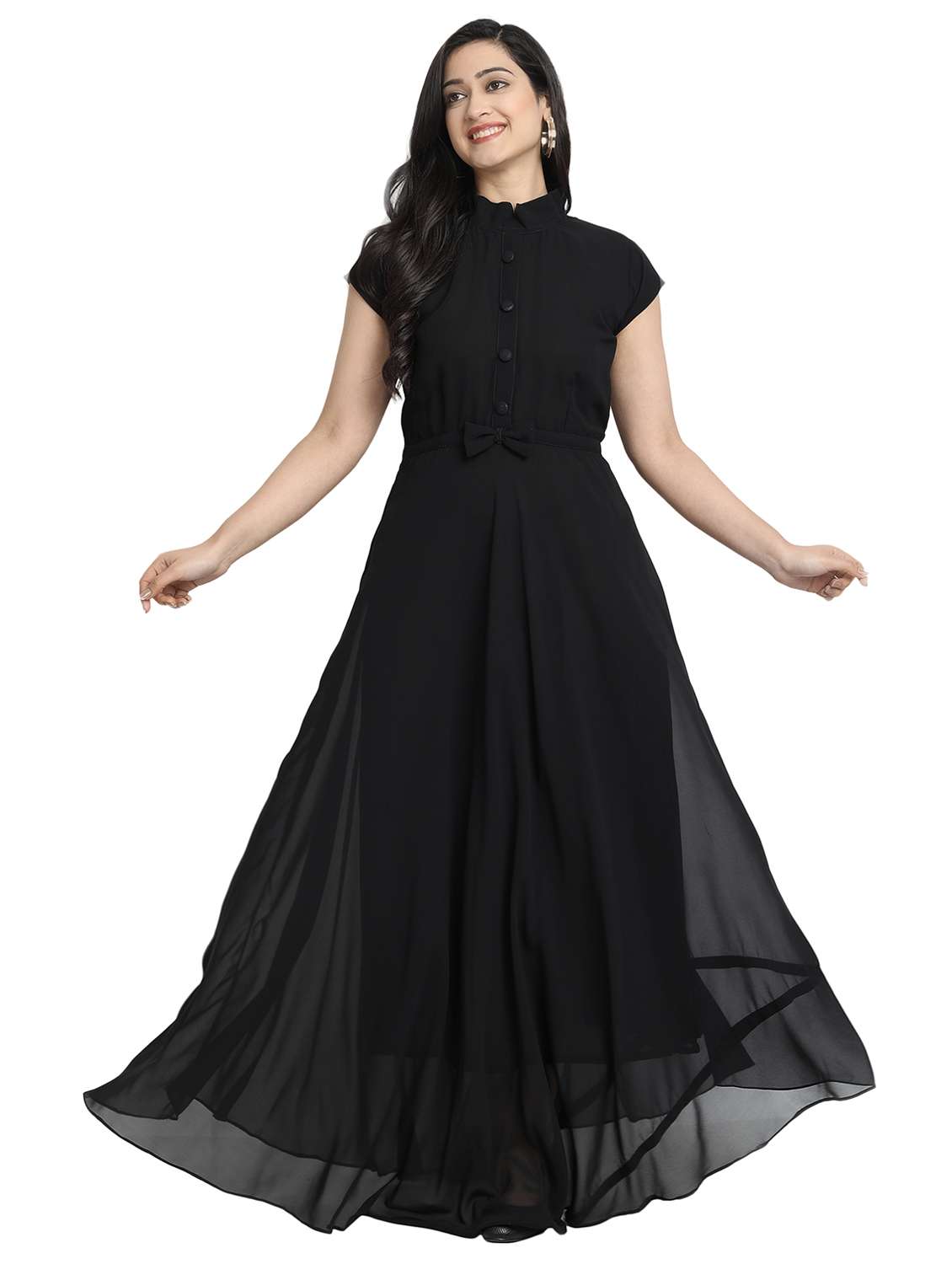 women solid mandarin neck fit & flare maxi dress