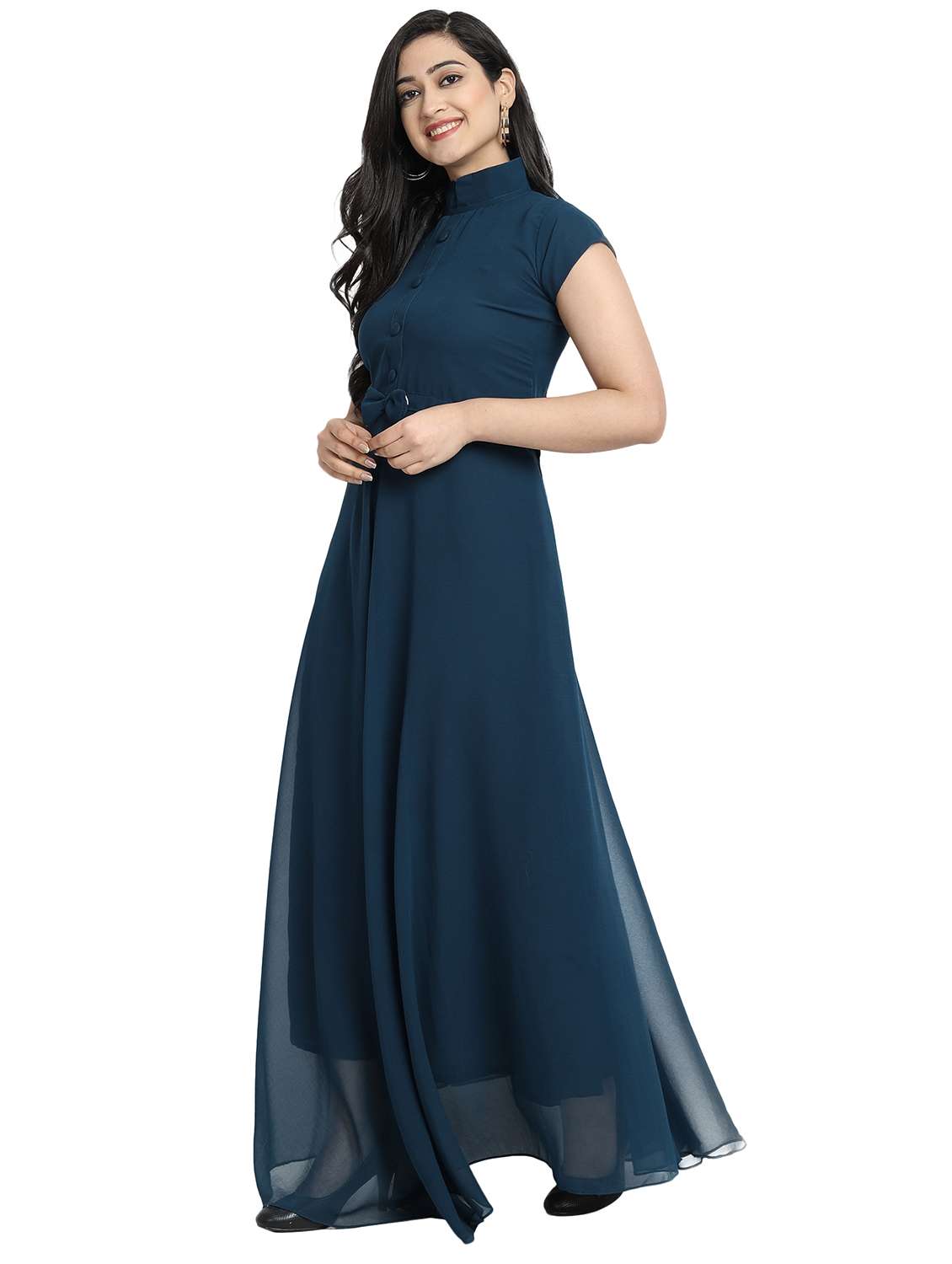 women solid mandarin neck fit & flare maxi dress - 21981941 -  Standard Image - 2