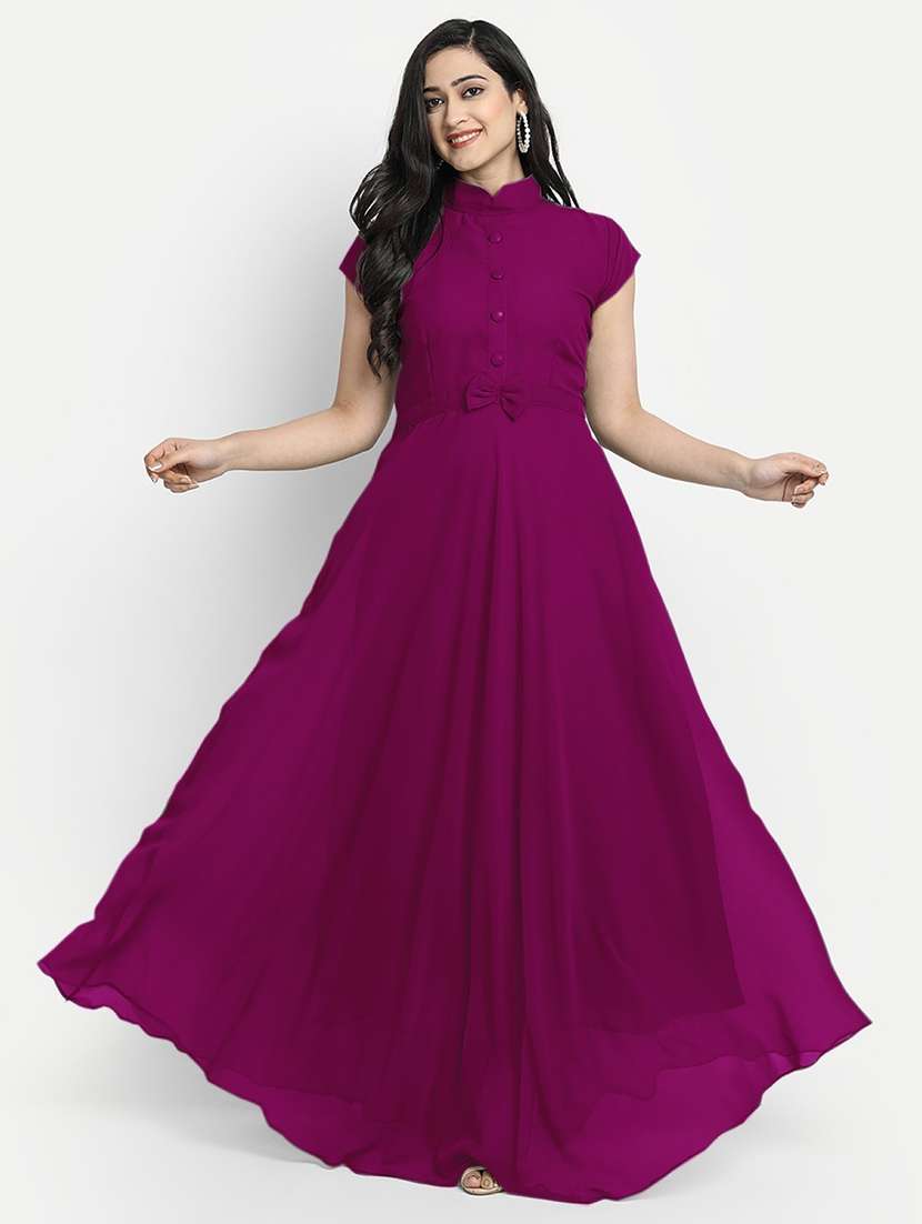 women solid mandarin neck fit & flare maxi dress