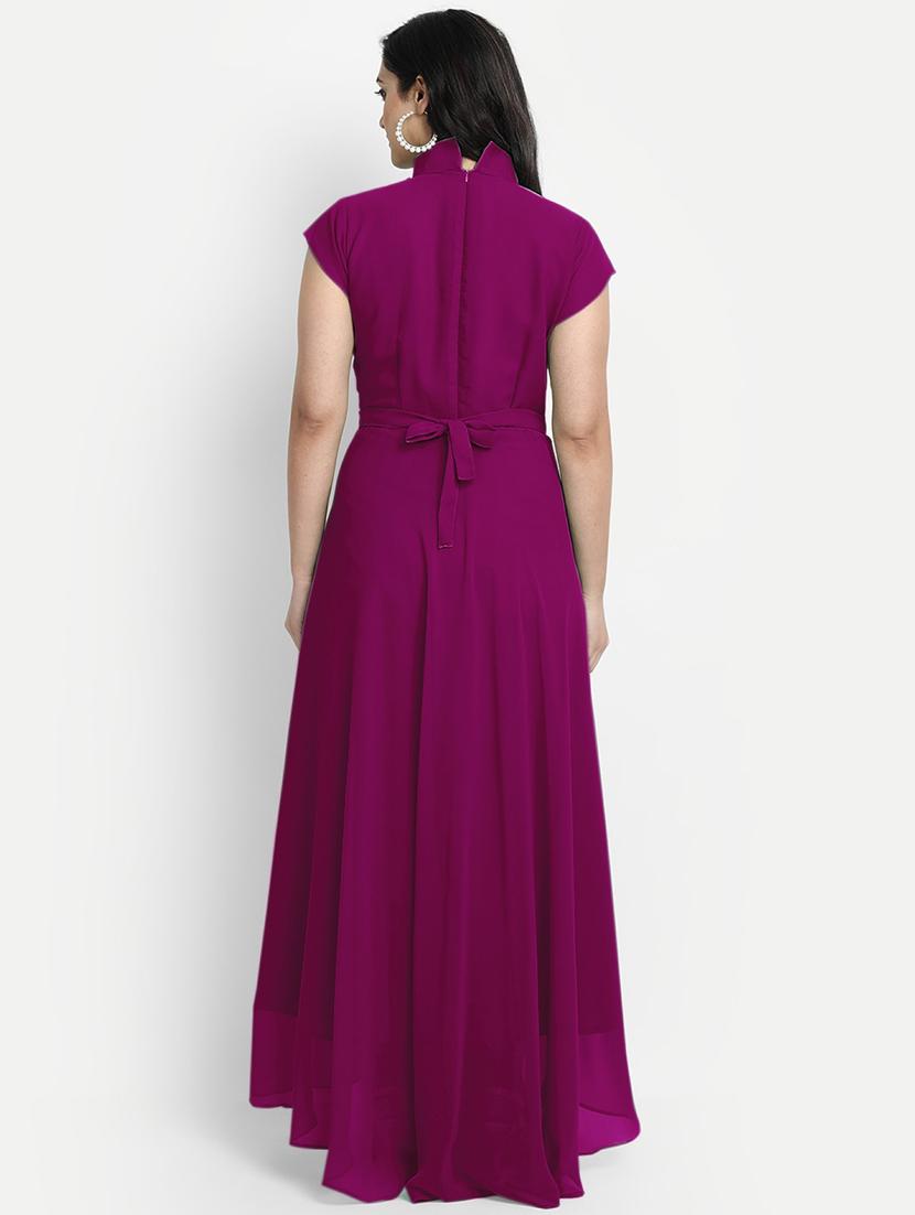 women solid mandarin neck fit & flare maxi dress - 21981942 - Standard Image - 2