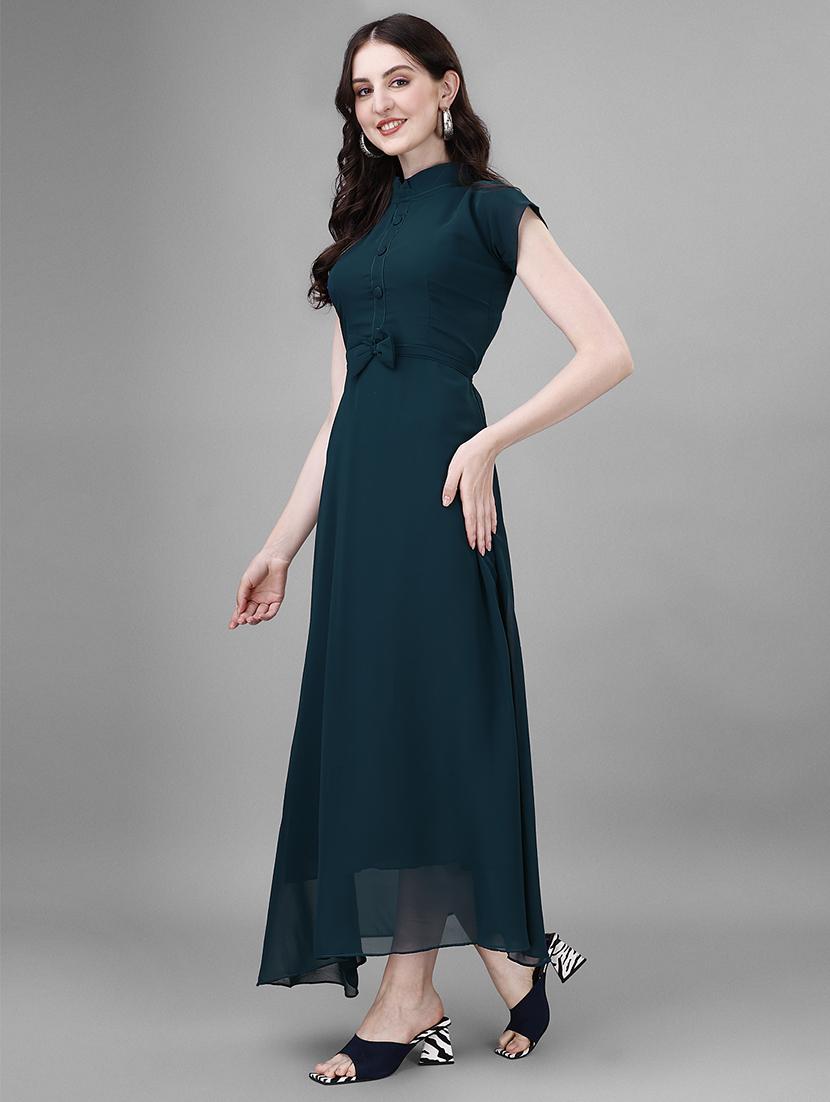 women solid mandarin neck fit & flare maxi dress - 21981947 - Standard Image - 2