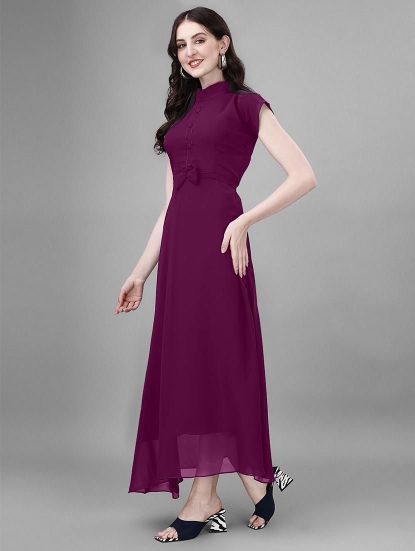 women solid mandarin neck fit & flare maxi dress - 21981948 - Standard Image - 2