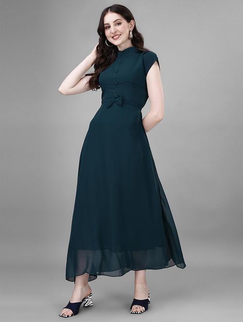 women solid mandarin neck fit & flare maxi dress - 21981950 - Standard Image - 0
