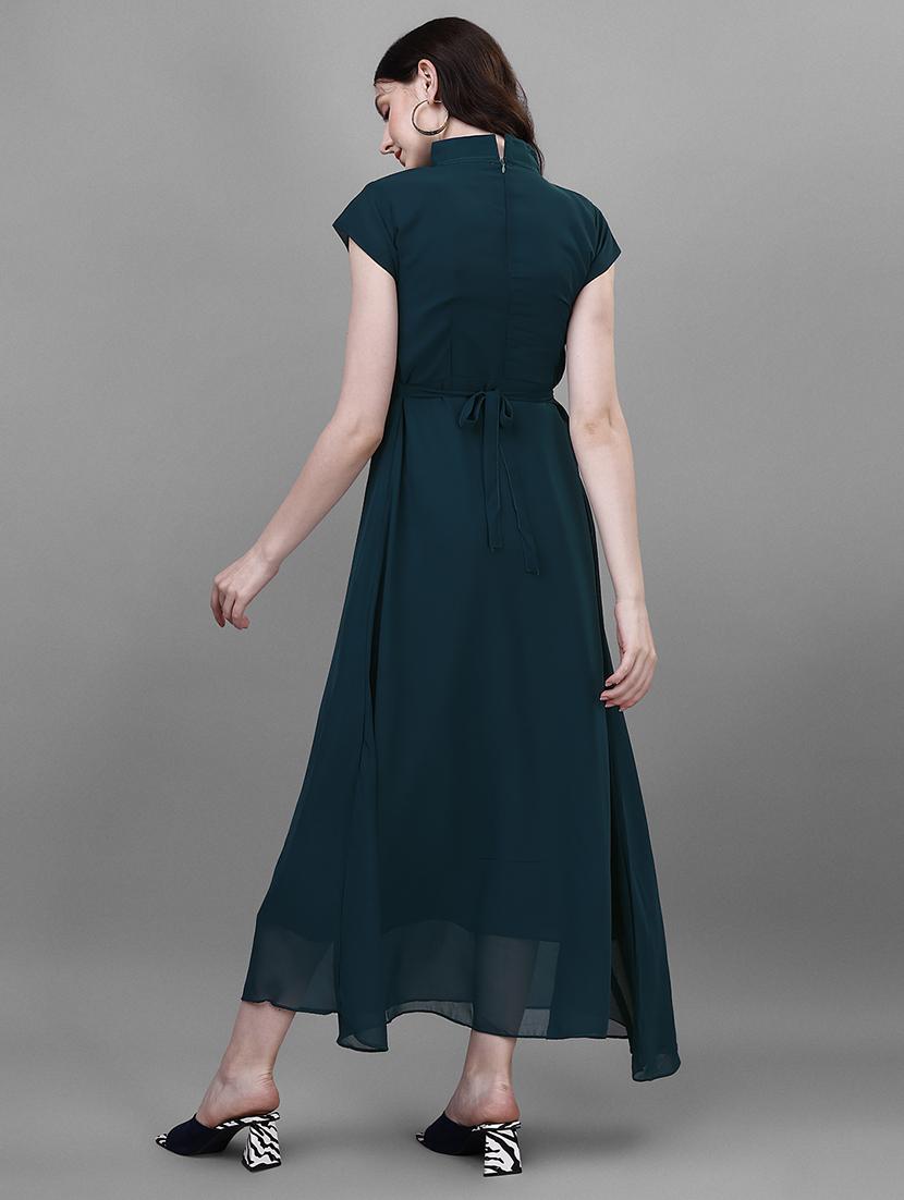 women solid mandarin neck fit & flare maxi dress - 21981950 - Standard Image - 2