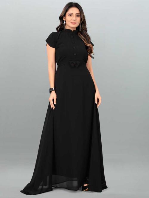 women solid mandarin neck fit & flare maxi dress - 21981955 -  Standard Image - 0