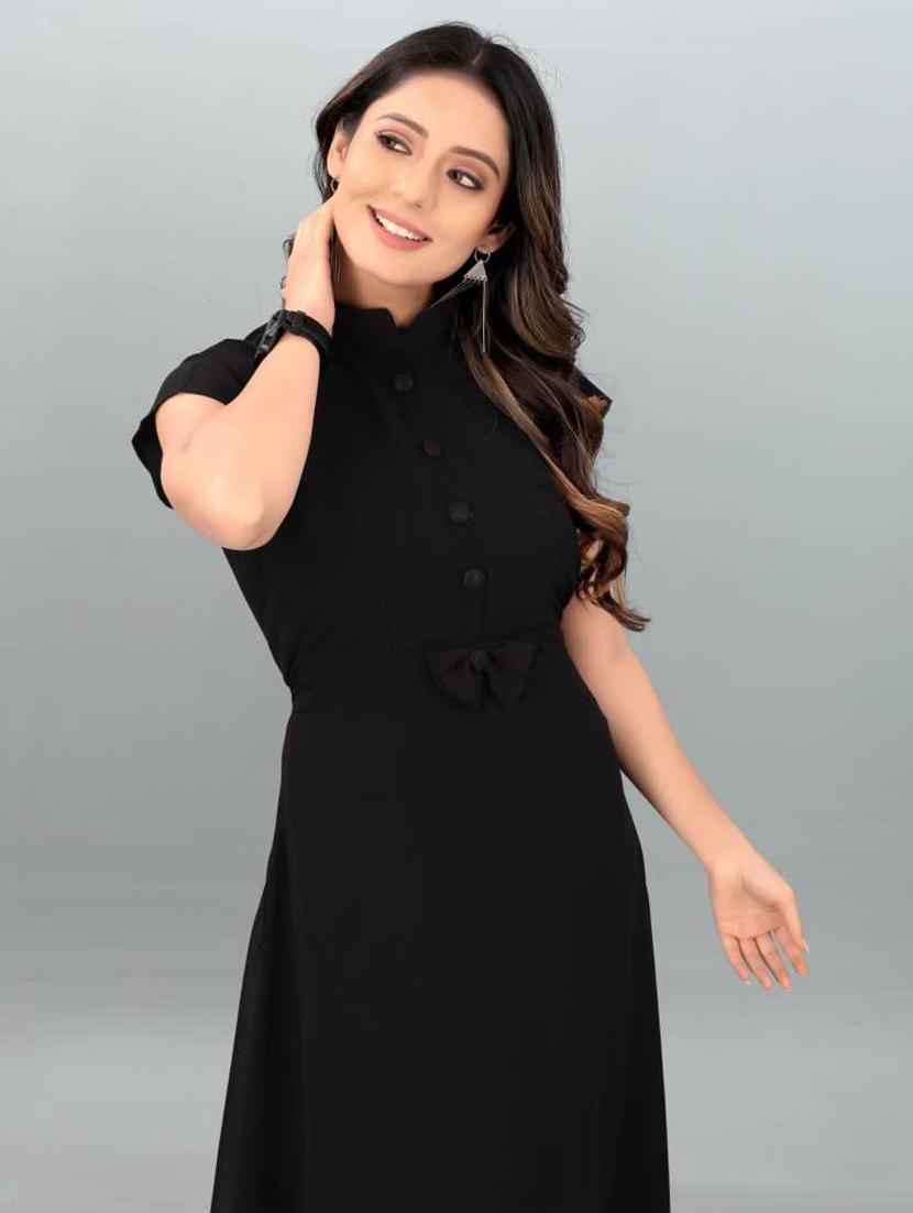 women solid mandarin neck fit & flare maxi dress - 21981955 - Standard Image - 2