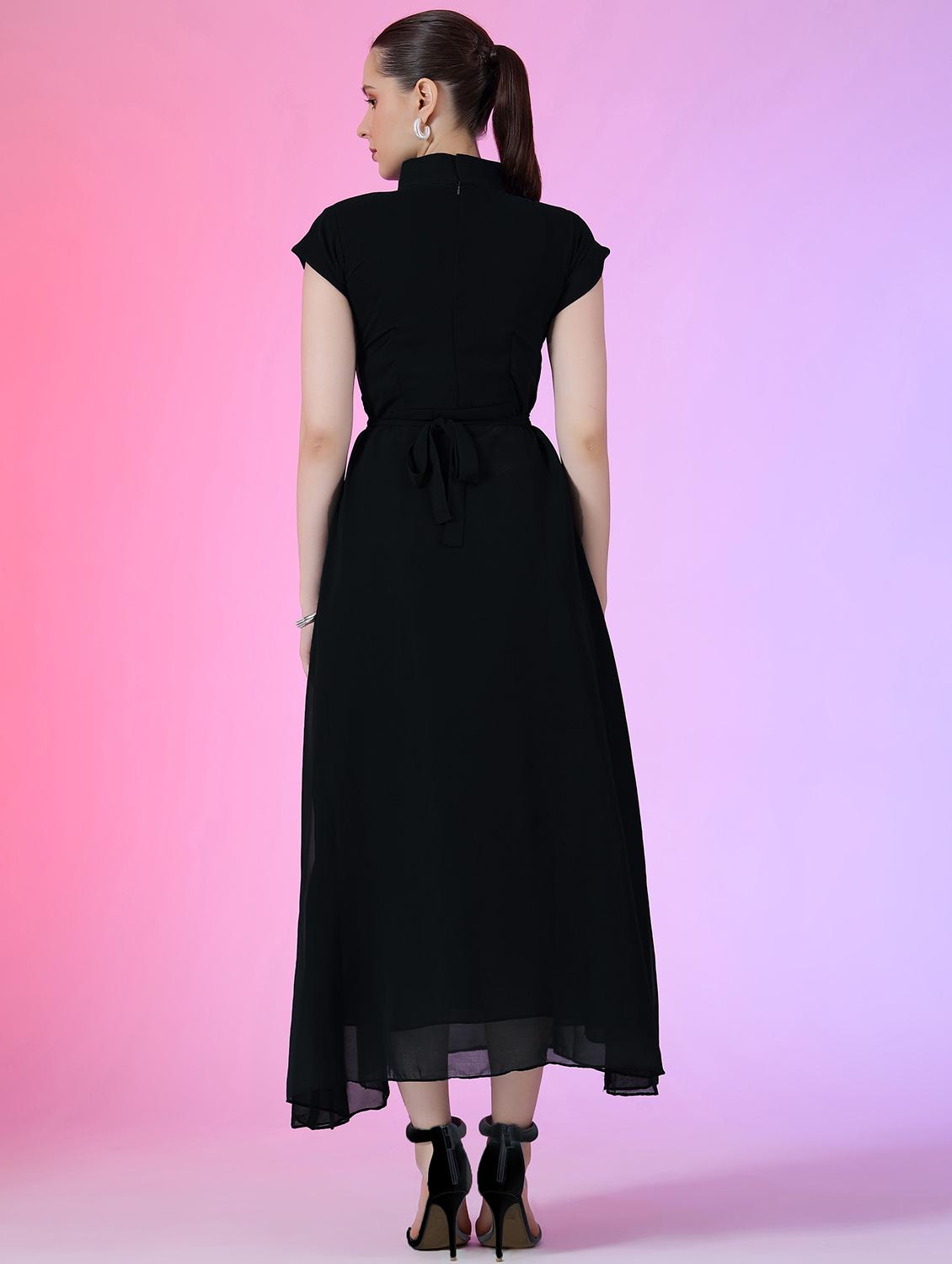 women solid mandarin neck fit & flare maxi dress - 21981958 - Standard Image - 2