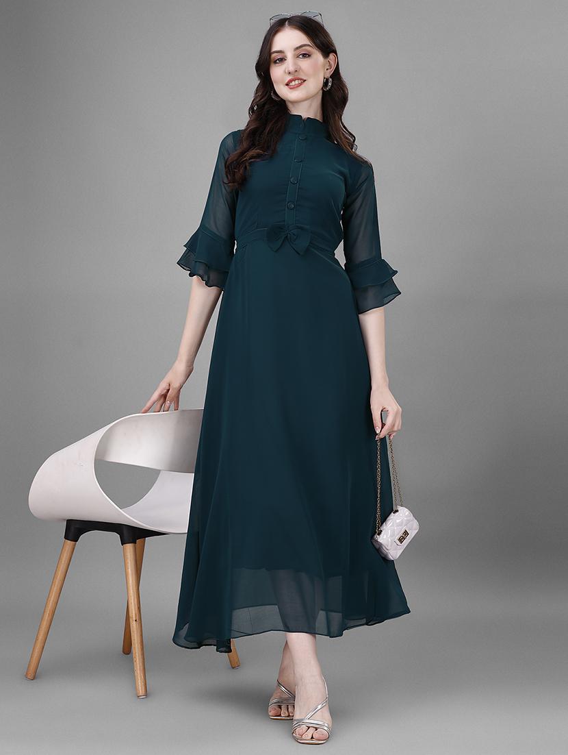 women solid mandarin neck fit & flare maxi dress - 21981983 -  Zoom Image - 0