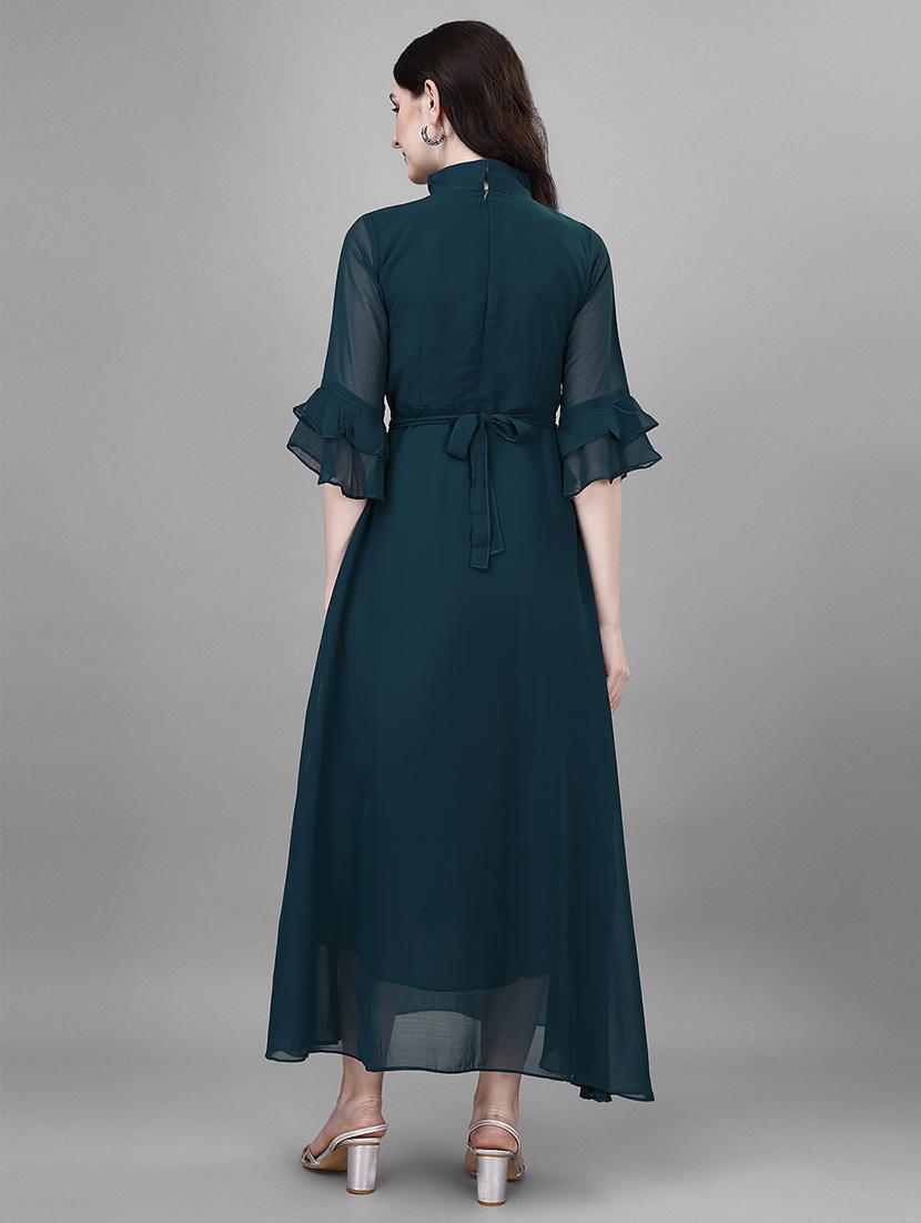 women solid mandarin neck fit & flare maxi dress - 21981983 - Standard Image - 2
