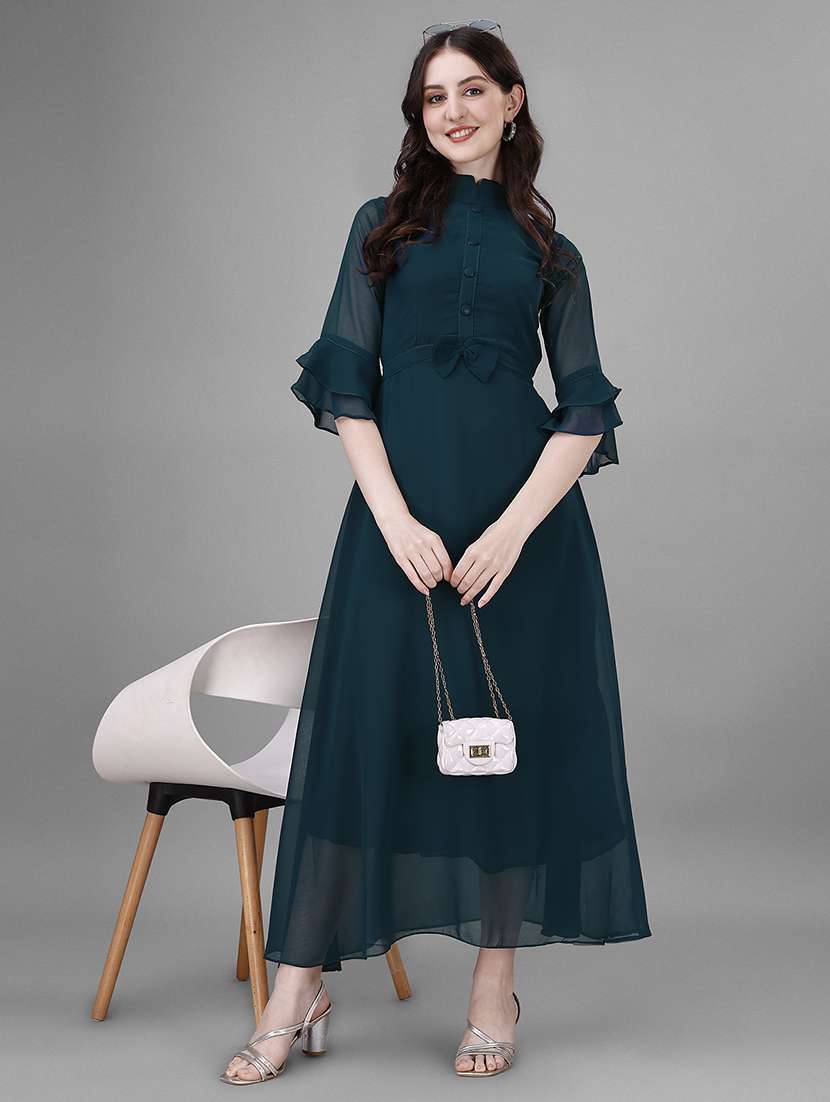 women solid mandarin neck fit & flare maxi dress