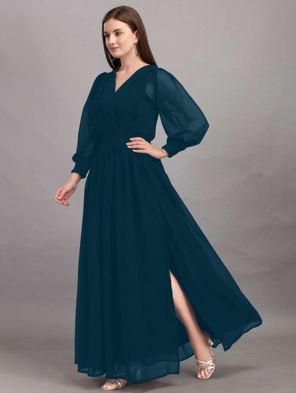 women solid puff sleeve side slit fit & flare dress - 21981994 -  Standard Image - 2