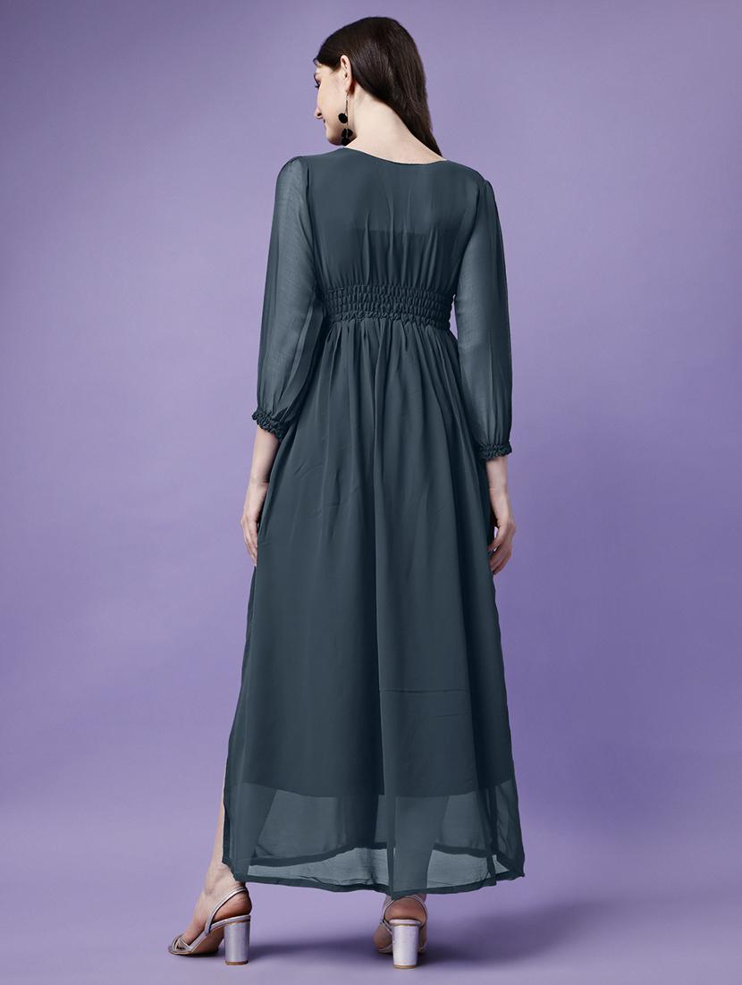 women solid puff sleeve fit & flare maxi dress - 21981998 - Standard Image - 2