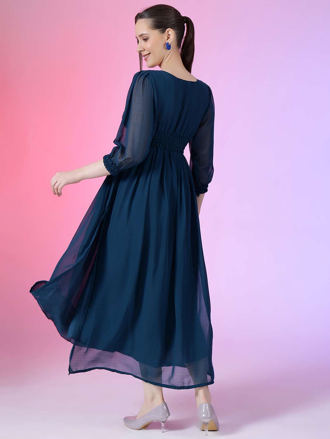 women solid puff sleeve fit & flare maxi dress - 21982006 -  Standard Image - 2