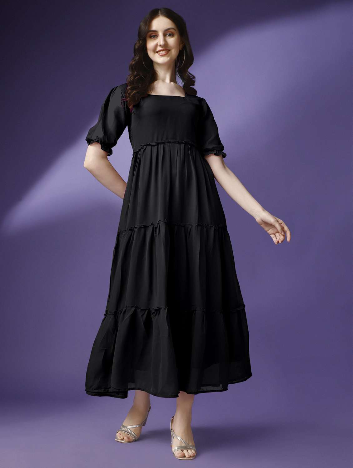 women solid puff sleeve tiered maxi dress - 21982033 -  Standard Image - 2