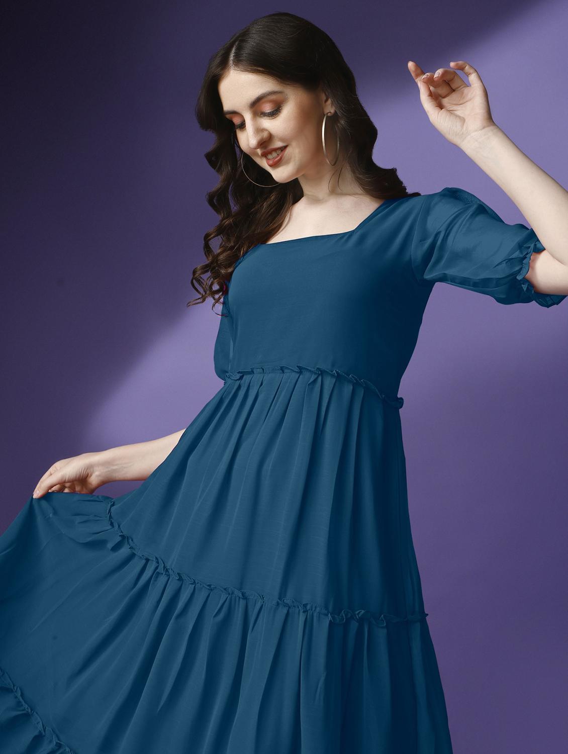 women solid puff sleeve tiered maxi dress - 21982034 - Standard Image - 2