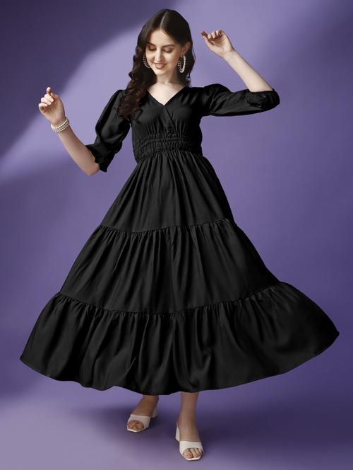 women solid puff sleeve tiered maxi dress - 21982069 - Standard Image - 0