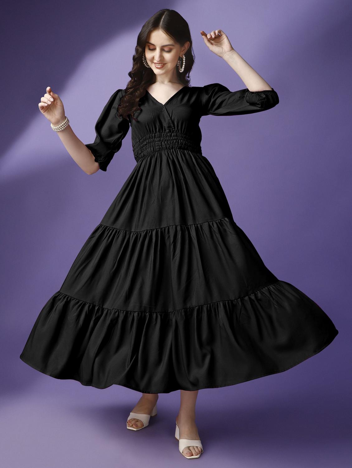 women solid puff sleeve tiered maxi dress - 21982069 - Zoom Image - 0