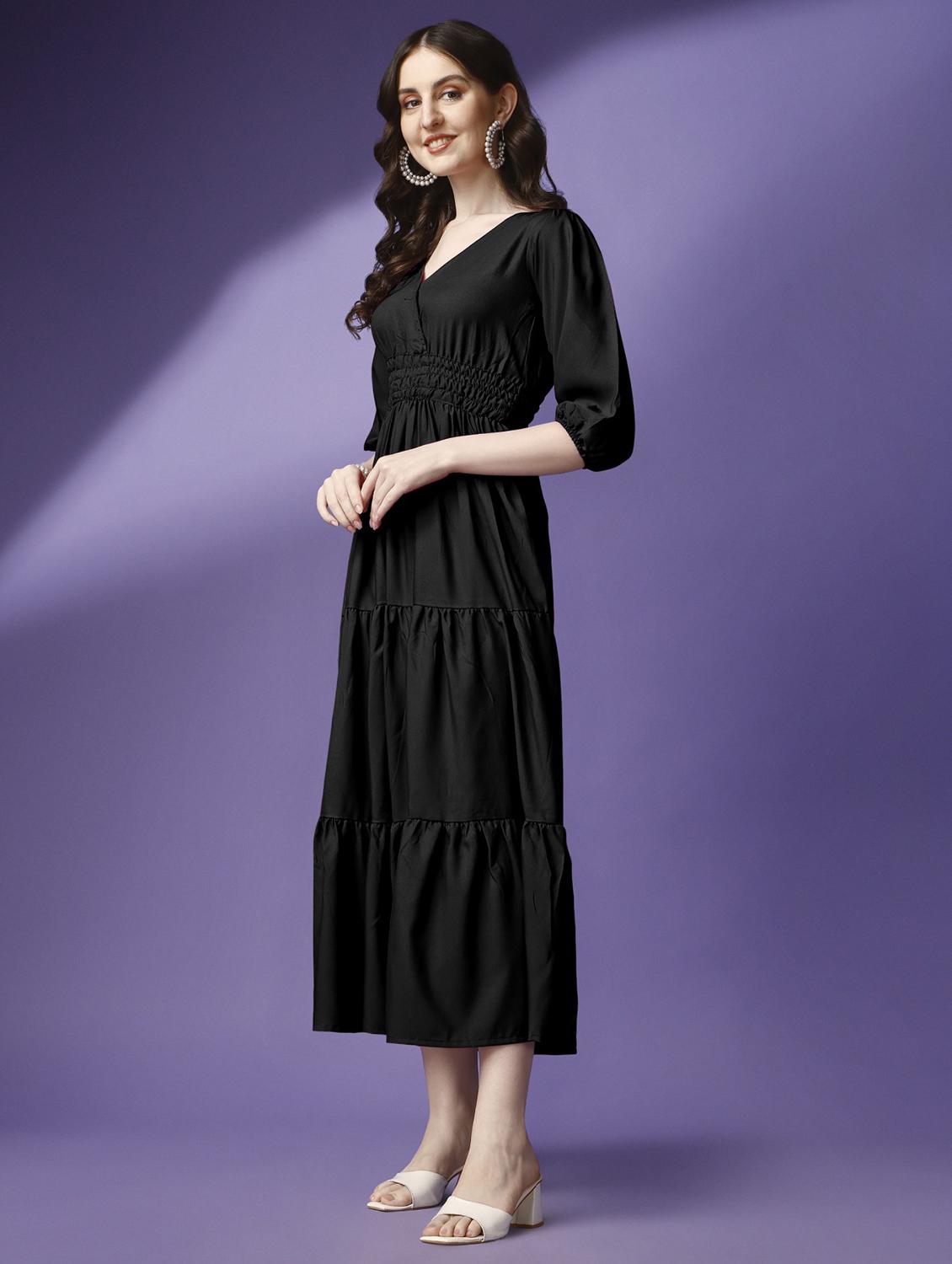 women solid puff sleeve tiered maxi dress - 21982069 - Standard Image - 2