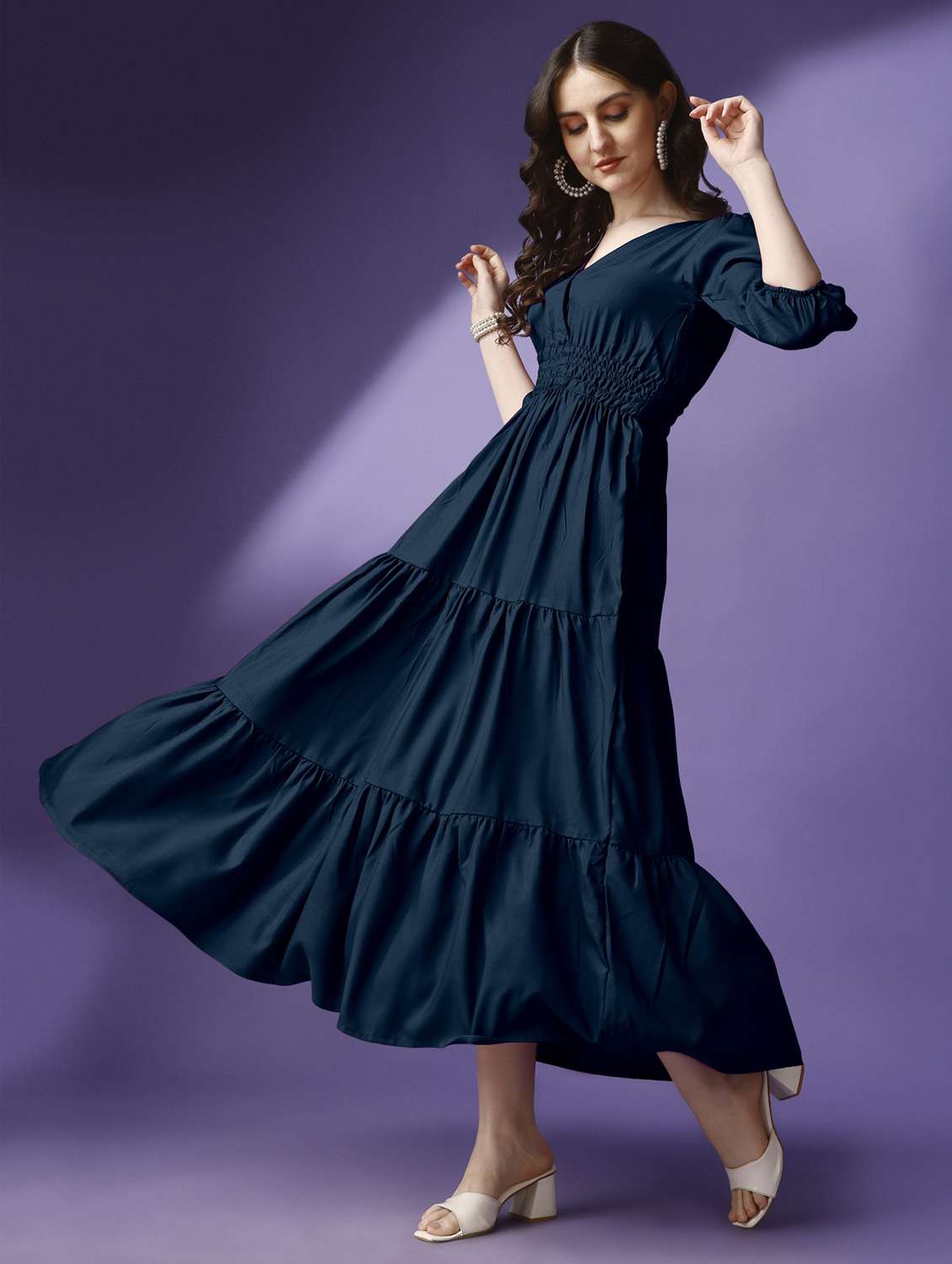 women solid puff sleeve tiered maxi dress - 21982070 -  Standard Image - 2