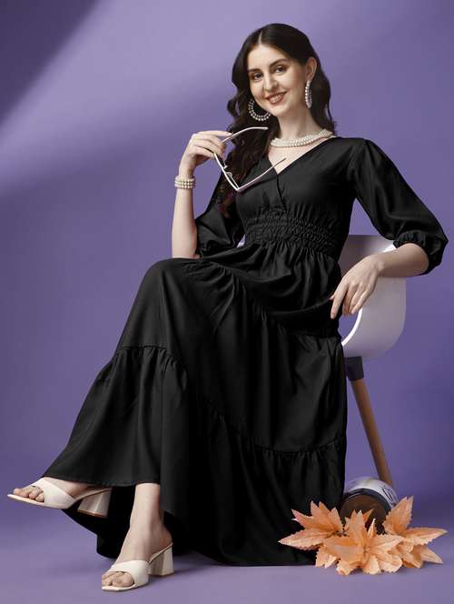 women solid puff sleeve tiered maxi dress - 21982071 - Standard Image - 0