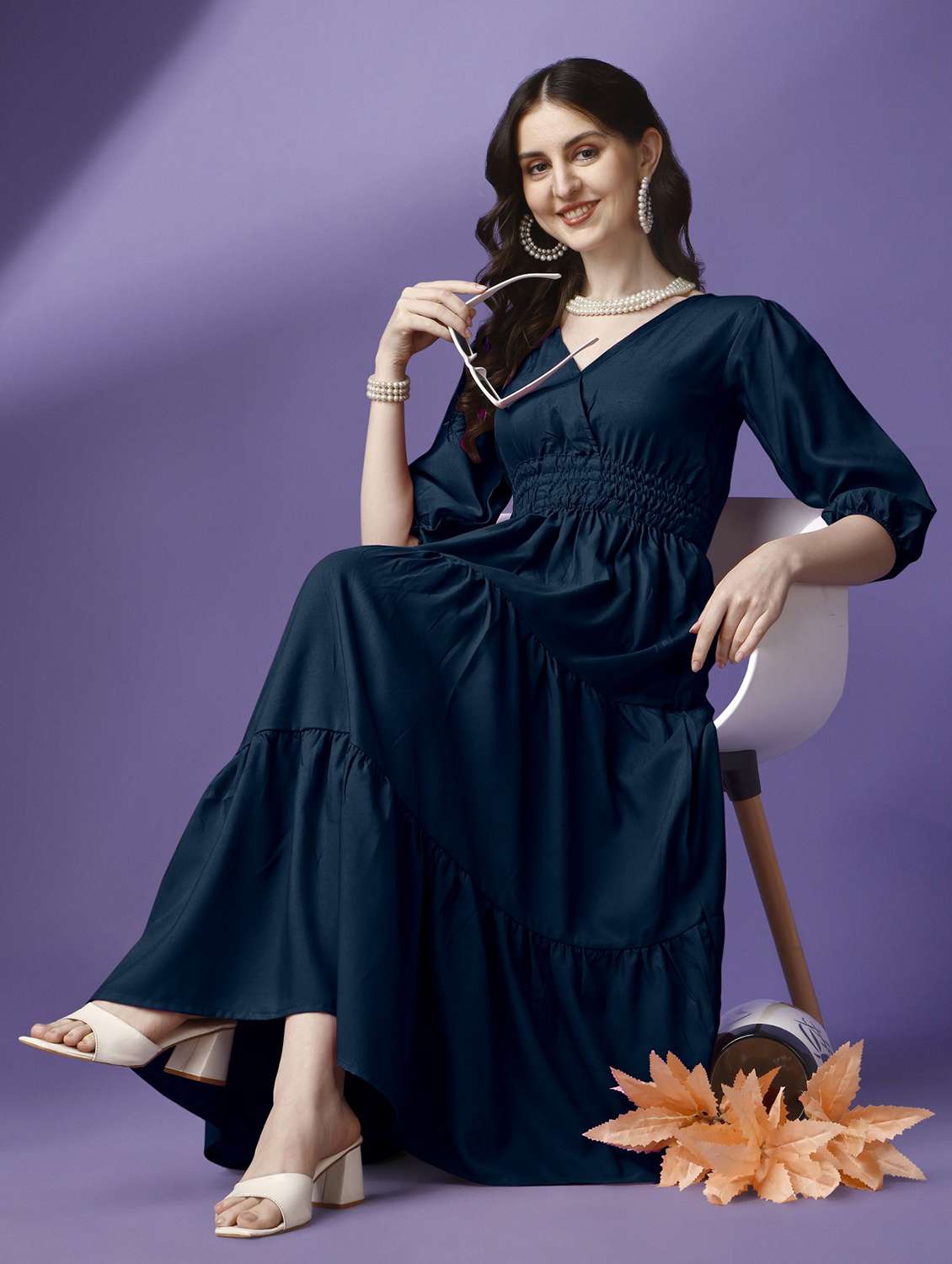 women solid puff sleeve tiered maxi dress