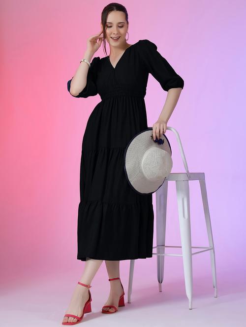 women solid puff sleeve tiered dress - 21982073 - Standard Image - 0