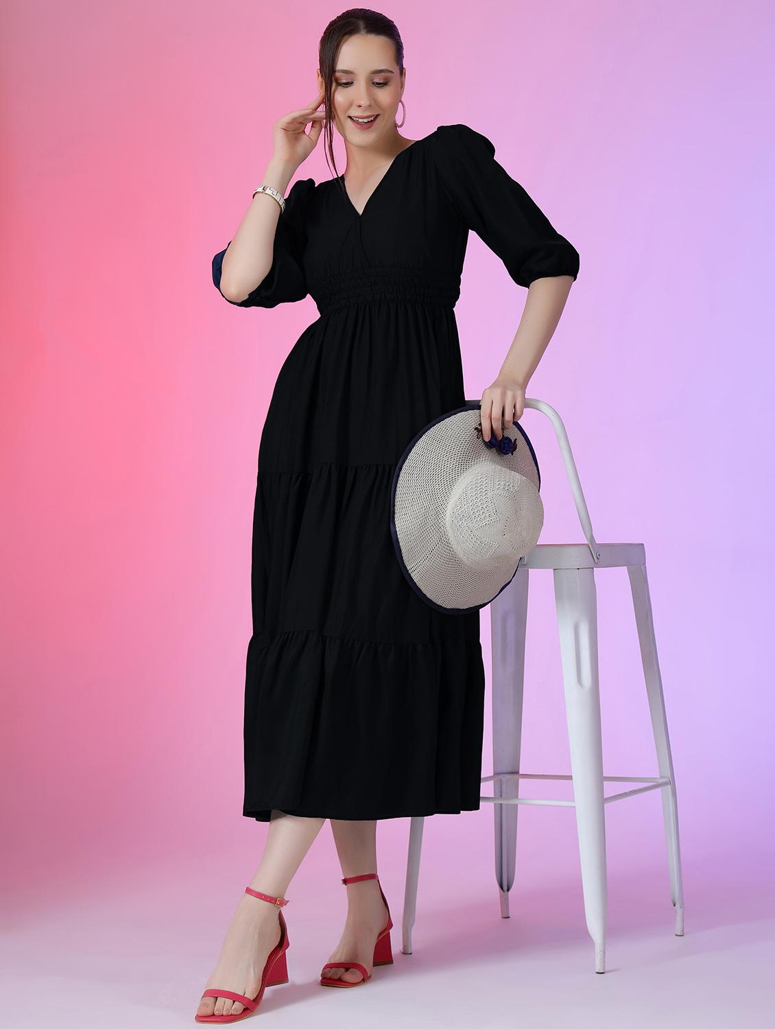 women solid puff sleeve tiered dress - 21982073 - Zoom Image - 0