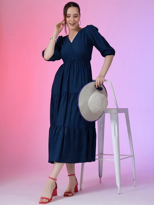 women solid puff sleeve tiered dress - 21982074 -  Standard Image - 0