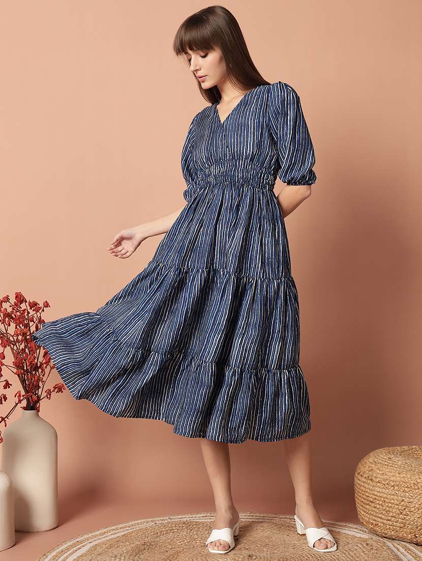 women printed puff sleeve tiered dress