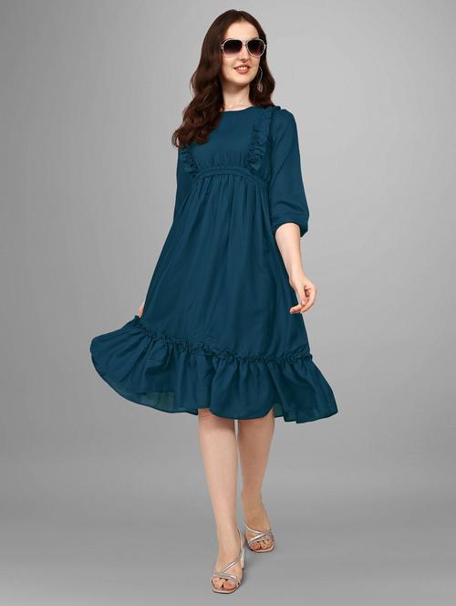 women solid puff sleeve tiered dress - 21982100 - Standard Image - 0