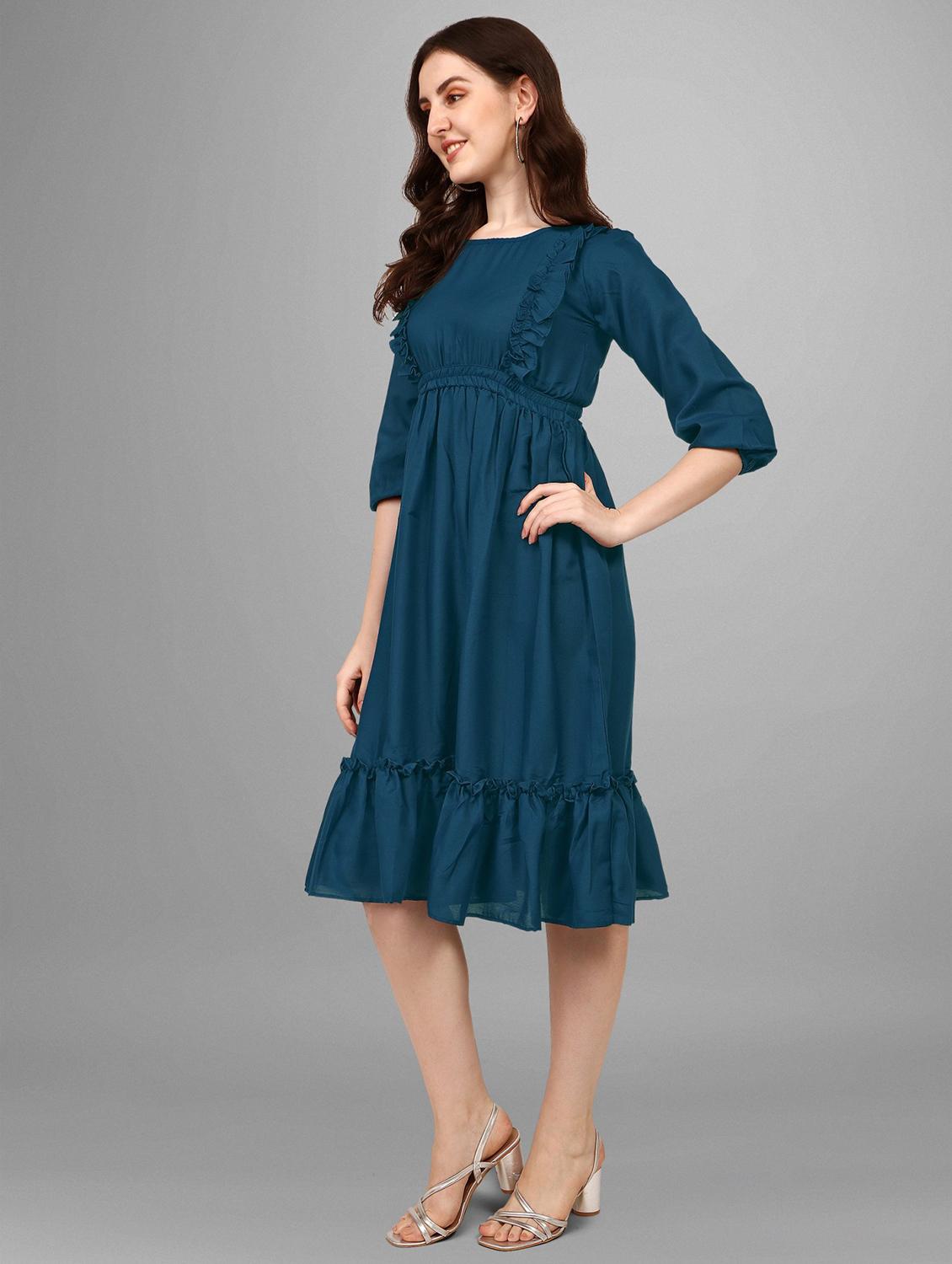 women solid puff sleeve tiered dress - 21982100 - Standard Image - 2