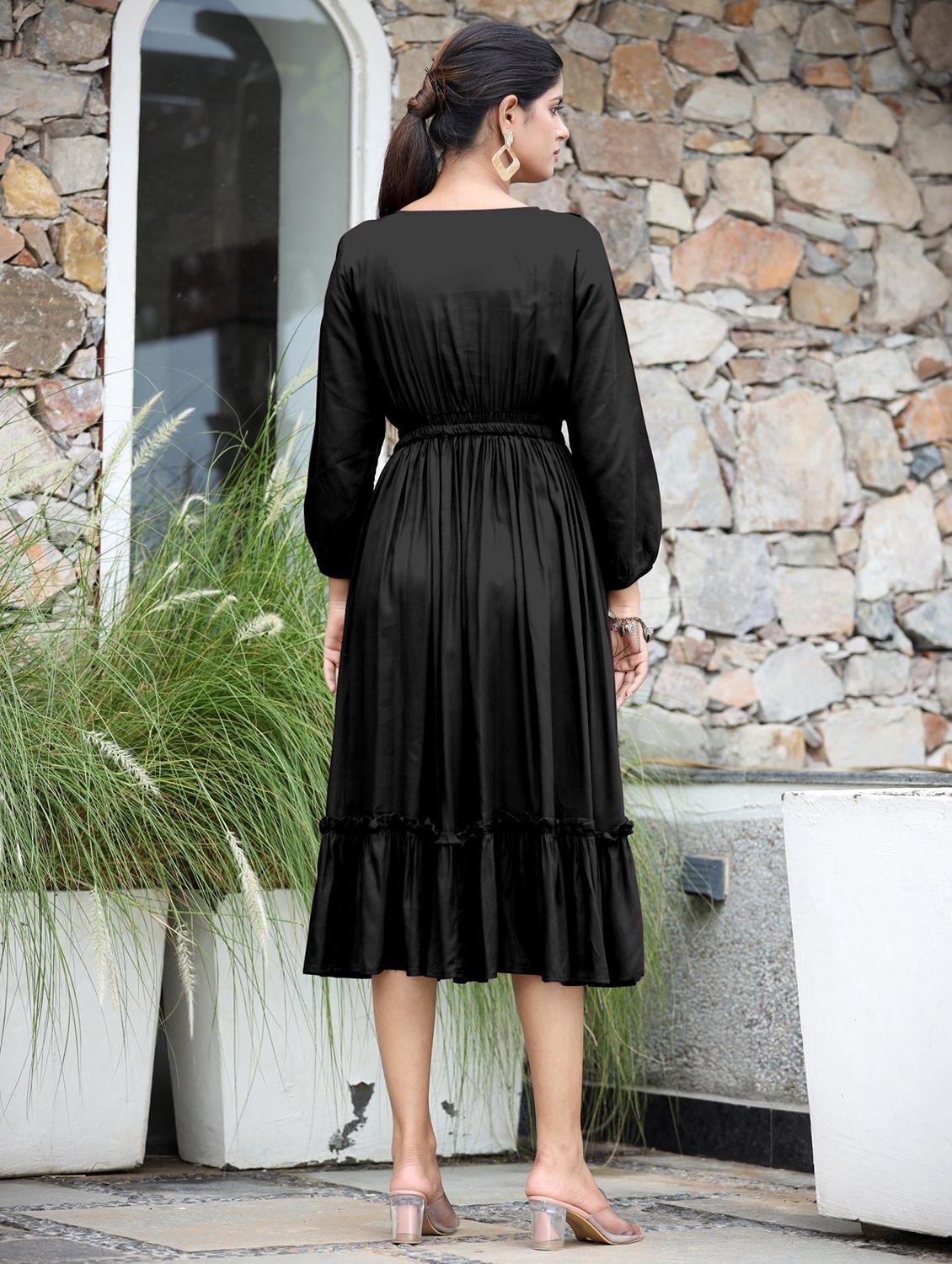 women solid puff sleeve tiered dress - 21982107 - Standard Image - 2