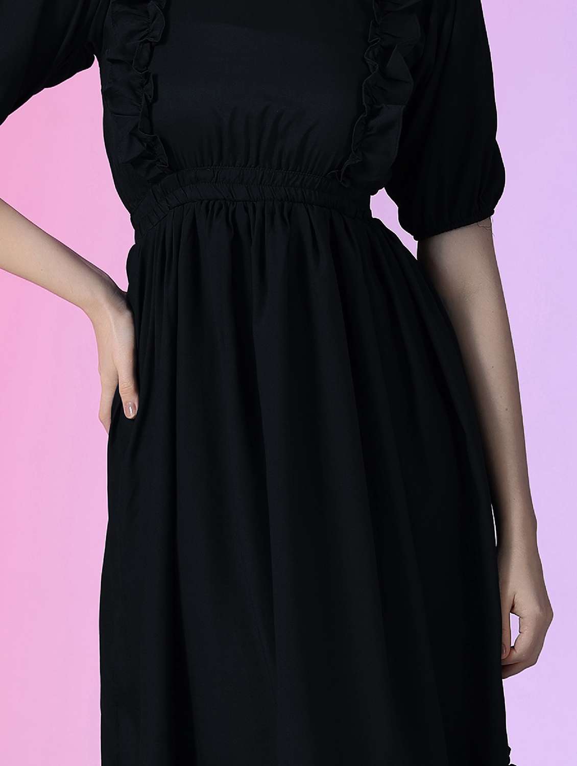 women solid puff sleeve tiered dress - 21982111 -  Standard Image - 2