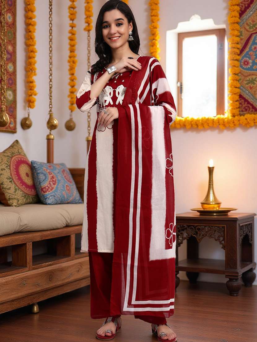 women three quarter sleeve kurta pant with dupatta set