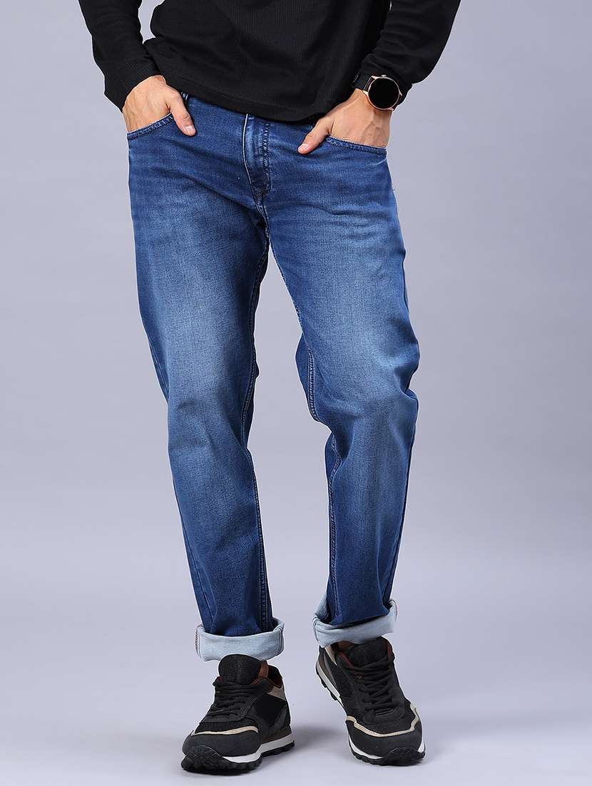 men washed mid rise full length jeans