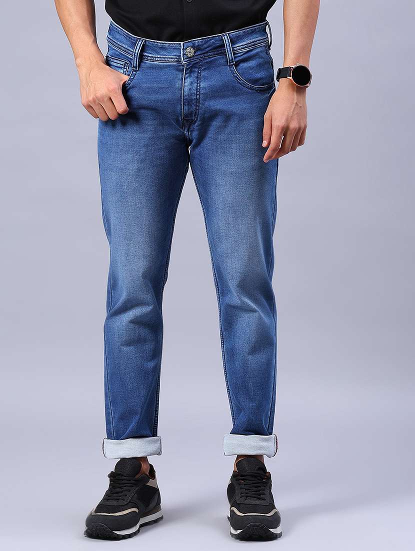 men washed mid rise full length jeans