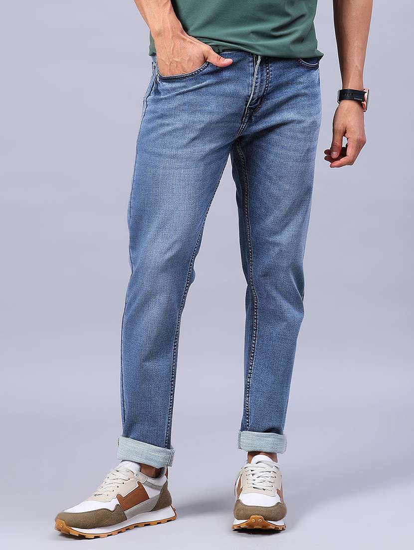 men washed mid rise full length jeans