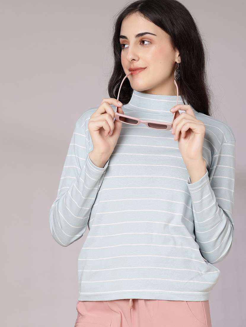 women striped mock neck long sleeve t-shirt