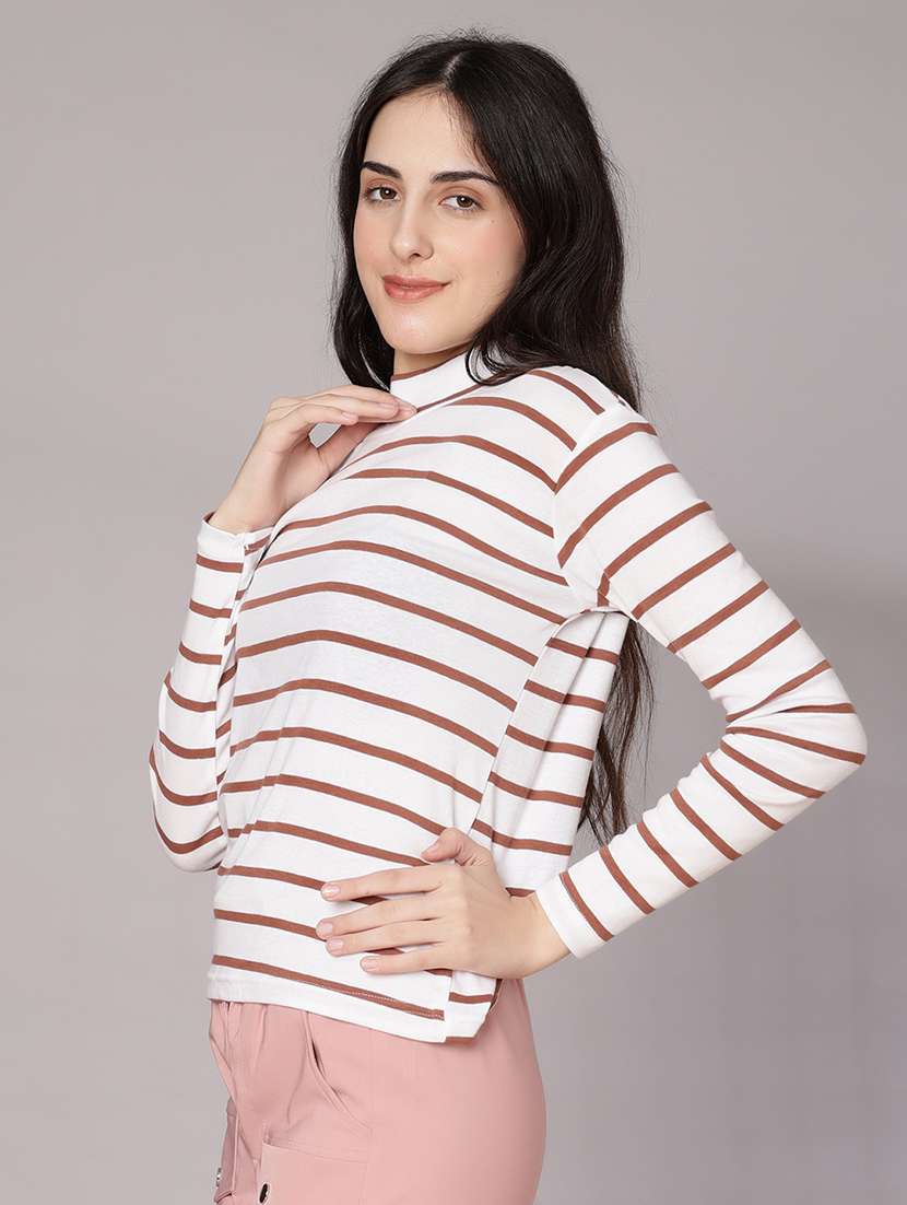 women striped mock neck long sleeve t-shirt - 21982589 -  Standard Image - 2