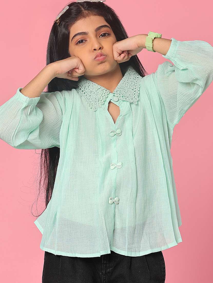 girls solid collared puff sleeve top