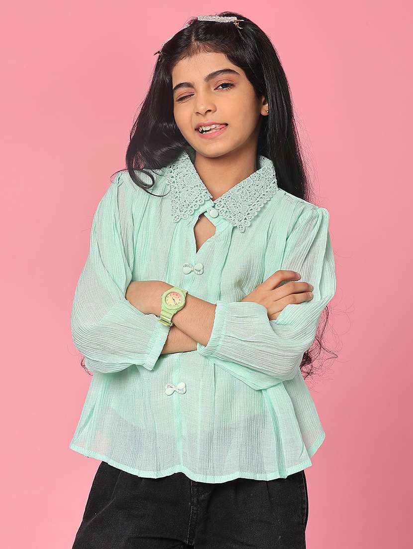 girls solid collared puff sleeve top - 21982699 -  Standard Image - 2